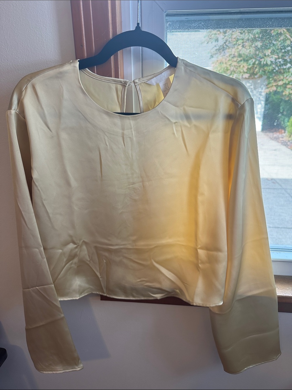 H&M Butter Yellow Satin Long-Sleeve Crop Top Blouse